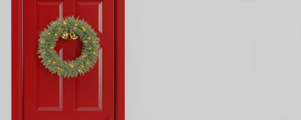 istock Christmas wreath hanging on red door, blank copy space 1438734386