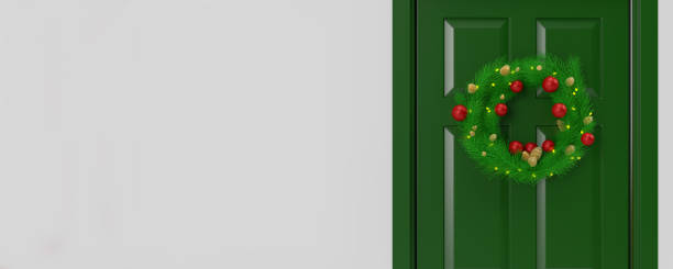 istock Christmas wreath hanging on green door, blank copy space 1438734410