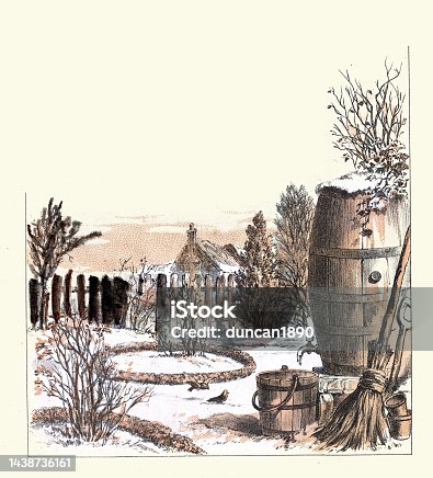 istock Birds in a snow covered winter garden, Wooden water barrel, bucket broom, Victorian art 19th Century 1438736161