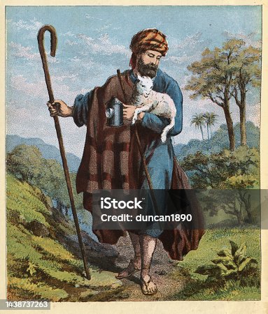 istock Good shepherd carrying the lamb, shepherd's crook, lantern, Christian allegory, Victorian art 19th Century 1438737263