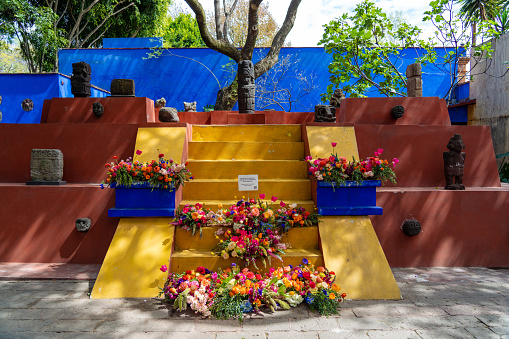 Mexico City Mexico - February 12 2022: The Pyramid inside the courtyard of the Frida Kahlo House