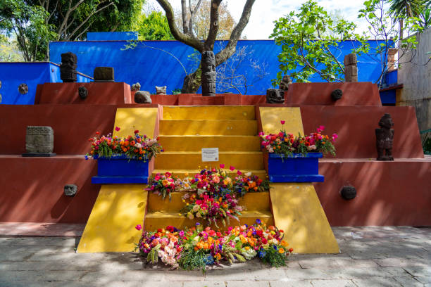 The Pyramid inside the courtyard of the Frida Kahlo House Mexico City Mexico - February 12 2022: The Pyramid inside the courtyard of the Frida Kahlo House frida kahlo museum stock pictures, royalty-free photos & images