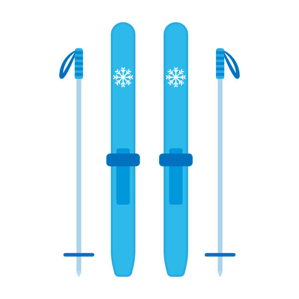 illustrations, cliparts, dessins animés et icônes de icône des skis et des bâtons de ski. ski. silhouette de couleur. vue de dessus devant. illustration graphique vectorielle simple et plate. objet isolé sur fond blanc. isoler. - ski old wood pair