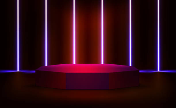 istock illuminated interior with red neon lights and circlr podium. 3d vector illustration 1438739281