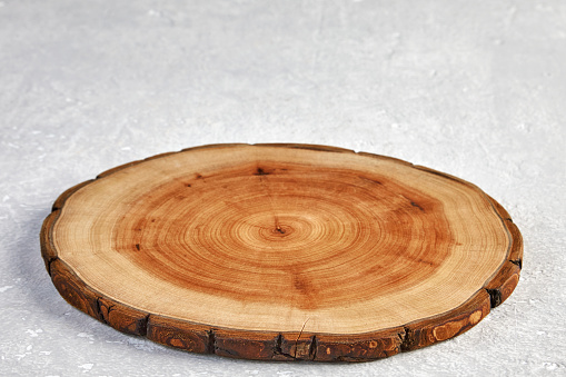 Wooden coaster for a dish on a gray concrete table. Tree trunk cut to demonstrate product presentation.