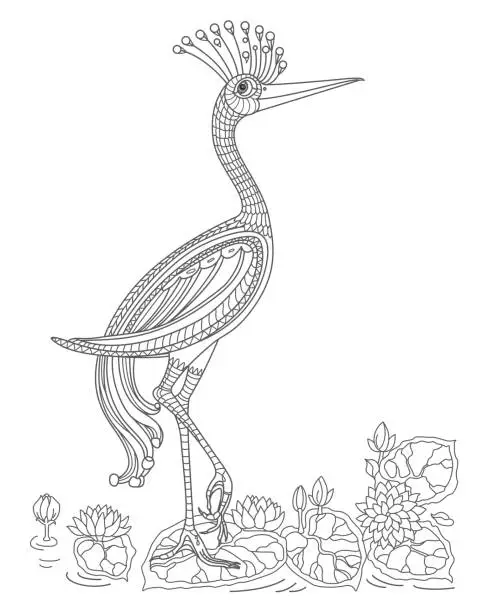 Vector illustration of Fairy tale crane bird, fantastic water lily plants and flowers on the lake. Coloring book page for adults and children. Black and White