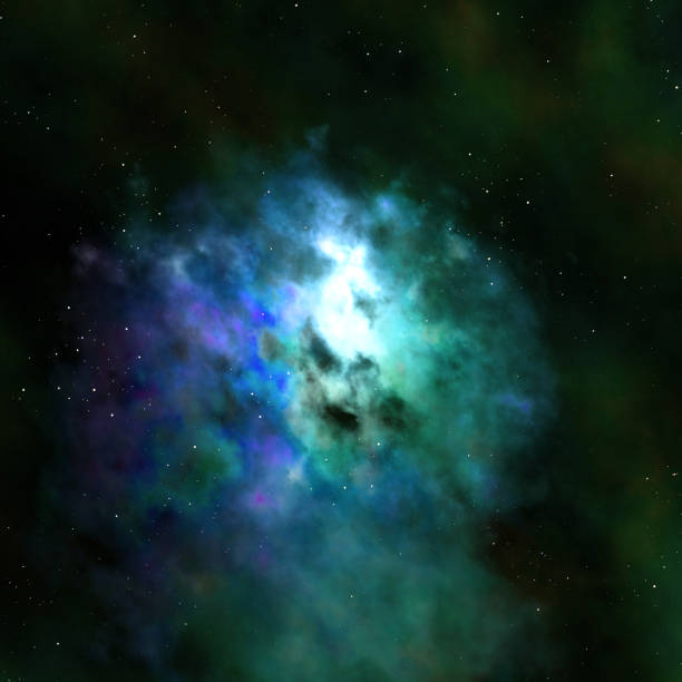 istock Spectacular close up view at spherical nebula with lighting gas clouds, green blue colored stellar formation with lot stand alone stars around 1438746553