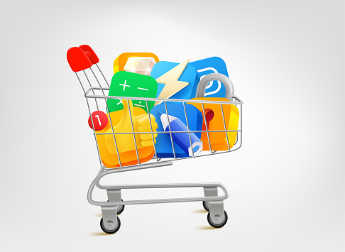 Full trolley of mobile application icons. 3d vector illustration