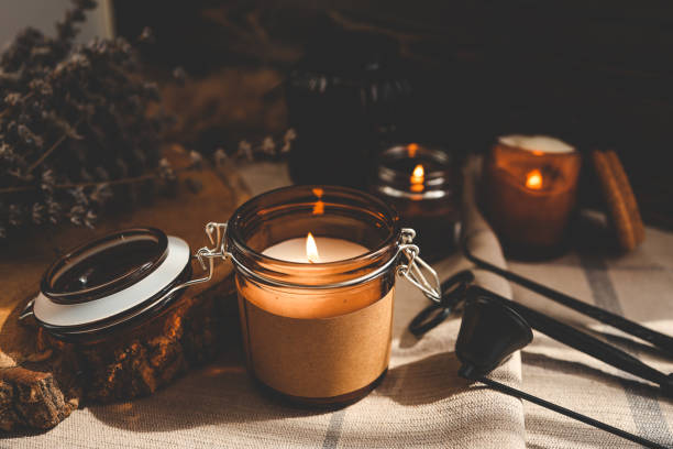 istock Burning candles and accessories for them, atmospheric photo 1438747814