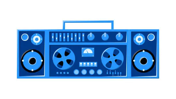 Vector illustration of Old retro blue vintage music cassette tape recorder with magnetic tape on reels and speakers from the 70s, 80s, 90s. Beautiful icon. Vector illustration