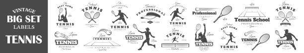satz von vintage-etiketten - racketball racket ball court stock-grafiken, -clipart, -cartoons und -symbole