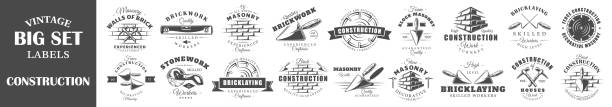 satz von vintage-bauetiketten - brickwork stock-grafiken, -clipart, -cartoons und -symbole