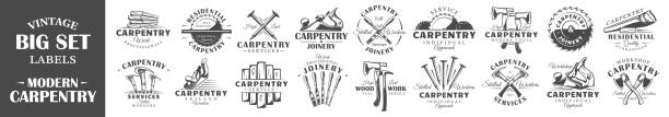 Set of modern carpentry labels Set of modern carpentry labels.  Posters, stamps, banners and design elements. Vector illustration carpenter stock illustrations