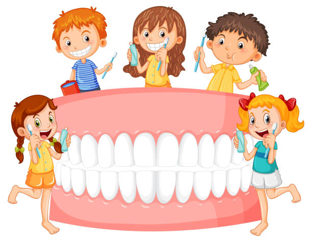 ilustrações de stock, clip art, desenhos animados e ícones de group of children cleaning teeth - boyhood