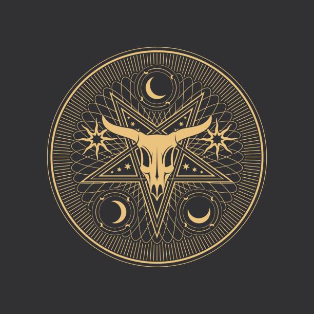 Occult pentagram, Baphomet skull in pentacle star Occult pentagram, Baphomet skull in pentacle star, esoteric tarot and magic vector symbol. Occultism, alchemy and cult ritual sign of Baphomet devil or goat skull with star and moon in occult circle satan goat stock illustrations