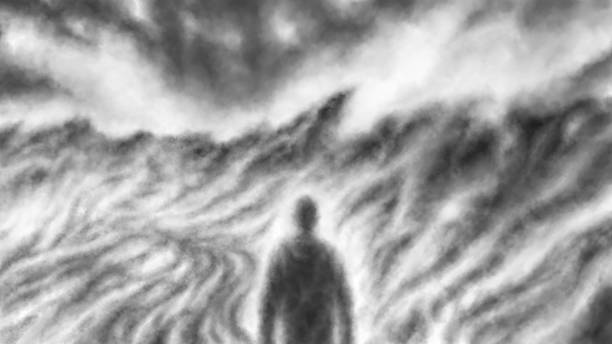 istock Lonely man walking down the road to nowhere. Dark silhouette scary illustration. Despair in apocalypse. Horror fantasy genre. 1438754016