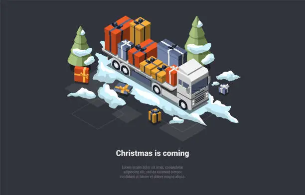 Vector illustration of Winter Holidays, Christmas And New Year. Free Shipping Delivery Santa Claus Truck With Loaded Gift Boxes. Set of Different Gift Boxes On Lorry With Bows And Ribbons. Isometric 3D Vector Illustration