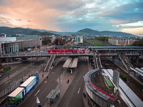 Freiburg im Breisgau, Germany - October 10, 2022: Morning view of the train and bus station in Freiburg im Breisgau, Germany