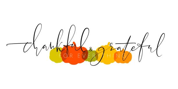 ilustraciones, imágenes clip art, dibujos animados e iconos de stock de fondo dibujado a mano del día de acción de gracias. ilustración vectorial con guión delgado agradecido y agradecido por todo las letras en el fondo de formas de pampkin. tarjeta de felicitación horizontal. - gratitud