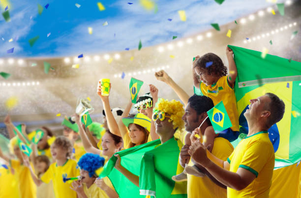 Brazil football team supporter on stadium. stock photo