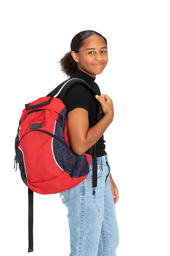 Black, teenage girl holding a backpack