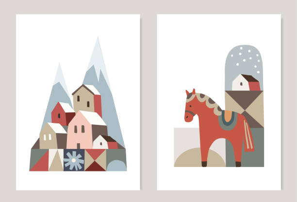 ретро рождественские поздравительные открытки, набор приглашений. зимний пейзаж с горами и красочными домами, деревня. шведская лошадь дал - dala horse stock illustrations