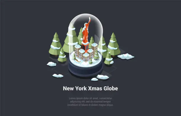 Vector illustration of Winter Holidays, Christmas Celebration Theme Concept. Beautiful Snow City Globe With Cozy New York Atmosphere And Christmas landmarks Surrounded By Trees. Isometric 3D Cartoon Vector Illustration