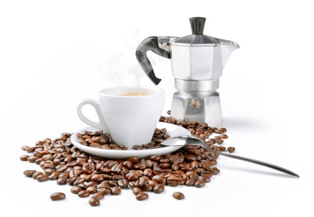 istock Steaming espresso coffee, coffee beans and moka isolated on white background. 1438770353