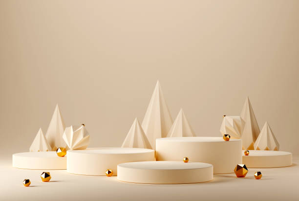 istock 3D abstract Christmas beige background with geometric Christmas trees, ornaments 1438774252