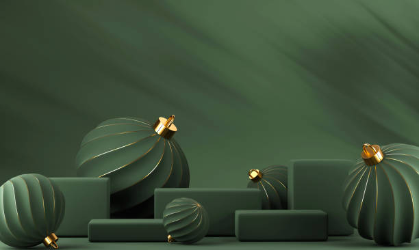 istock 3D abstract Christmas dark background with green Christmas ornaments 1438774255