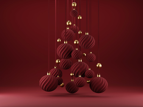 Merry Christmas and Happy New Year greeting card. 3d stylised Christmas tree made by hanging red Christmas ornaments, baubles, balls on red background. 3d render