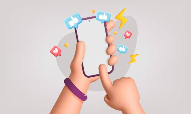 3d vector cartoon render hands hold smartphone with social media symbol poster 3d vector hand holds smartphone with thumb up, like social media symbols banner design. Cartoon render hand surfs in internet, social network, sends emoticon and new push message like, follow notification. Digital marketing. computer addiction stock illustrations