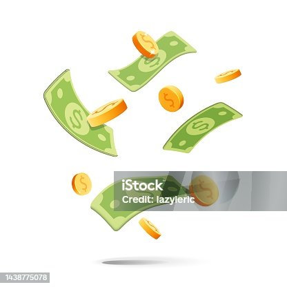 istock 3d vector cartoon render flying up and down gold dollar coins and paper currency poster design 1438775078