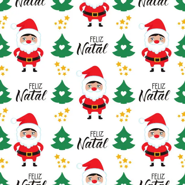 Vector illustration of Seamless pattern with holidays elements. Christmas background for wallpapers, textile, wrapping paper. Feliz Natal. Merry Christmas in Portuguese. Brazilian lettering.