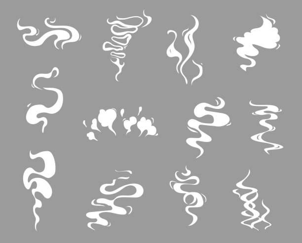 Cartoon smoke effects, food flavor and tea steam Cartoon smoke effects, food flavor, coffee and tea steam. White vector aroma or toxic clouds, vapour or dust trails. Flow mist or smoky chemical steam, isolated comic boom steaming smoke stock illustrations