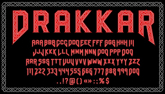 Viking font, typeface, type alphabet. Medieval alphabet complete typeset with punctuation and numeral symbols, scandinavian ornament ABC vector letters and digits complete font