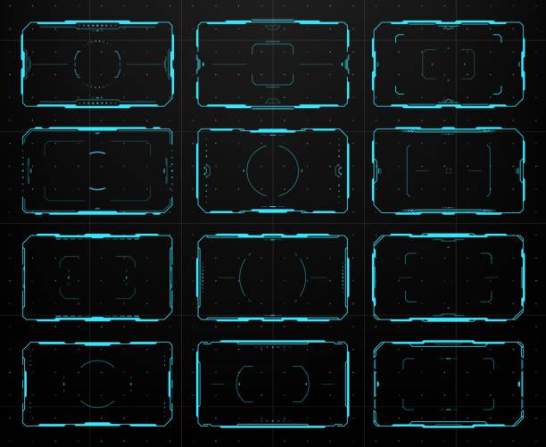 HUD UI interface aim control target frames set Hud aim control target frames. UI interface, electronic military viewfinder, game UI gun crosshair displays, control panel vector digital frames. Futuristic airplane pilot dashboard screens military borders stock illustrations