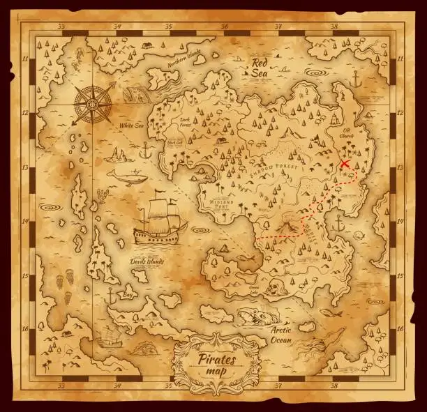 Vector illustration of Old pirate treasure map, vector worn parchment