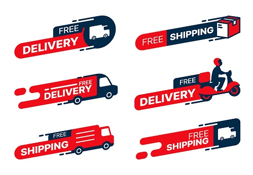 Free delivery icons, fast shipping and courier service labels, vector truck cargo tags. Free delivery stickers with parcel box on express order car of food van and scooter with free delivery package