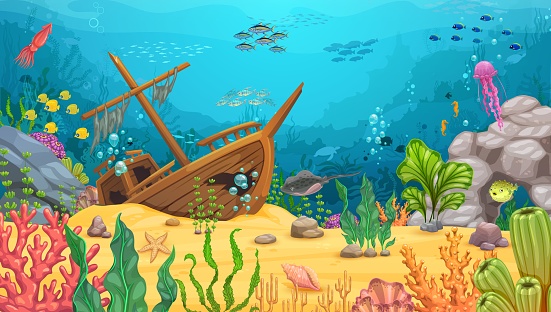Cartoon underwater landscape with sunken sail ship, vector undersea game level. Shipwreck or pirate frigate wrecks under water of deep sea coral reef with fishes, octopus or jellyfish in ocean seaweed