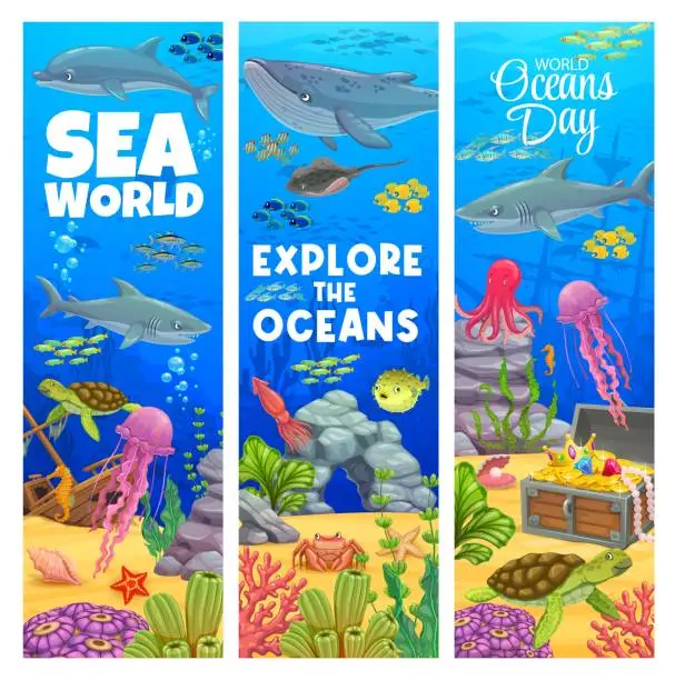 Vector illustration of Cartoon underwater landscape banners, sea bottom