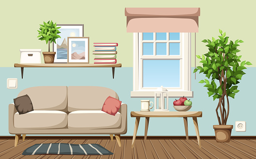 Cozy living room interior design with half-painted walls, a sofa, and a big ficus tree. Cartoon vector illustration