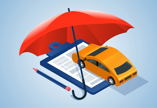 Buying a new car or car insurance, peace of mind insurance, life insurance, insurance contract or purchase contract, isometric umbrella protection under the shear plate on the car