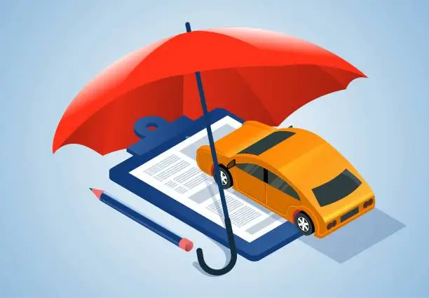 Vector illustration of Buying a new car or car insurance, peace of mind insurance, life insurance, insurance contract or purchase contract, isometric umbrella protection under the shear plate on the car