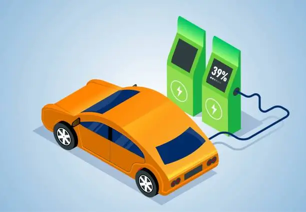 Vector illustration of Modern Renewable Energy Development Electric Vehicles with Charging Posts, Electric Vehicles Being Charged