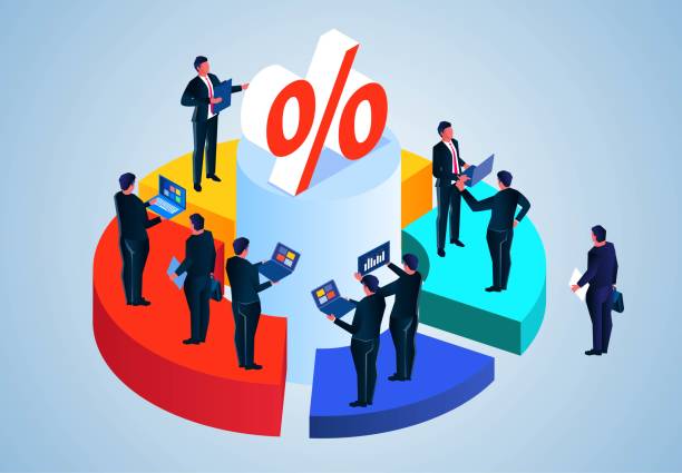 ilustrações de stock, clip art, desenhos animados e ícones de isometric trader investors or shareholders stand on a pie chart, analyze and count market percentage assets, investment returns and investment risk analysis and research - office isometric built structure portion