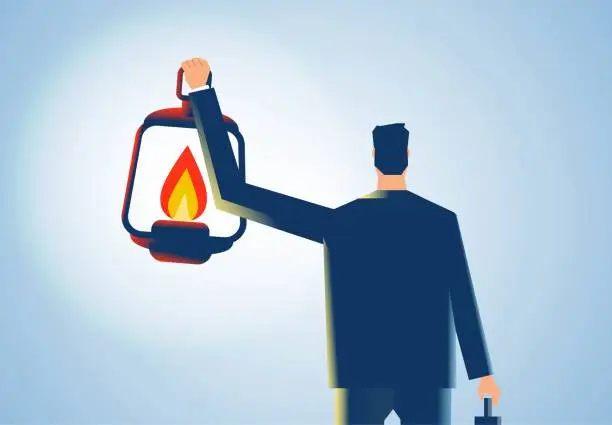 Vector illustration of Businessmen take oil lamps to light their way forward, career guidance or recruitment, business direction exploration to find success