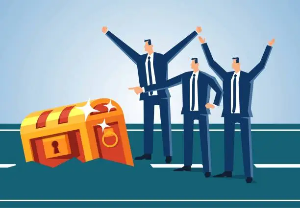 Vector illustration of The businessman is ecstatic to find a treasure chest on his way to the jackpot, surprise or accident, serendipitous luck or the discovery of opportunity