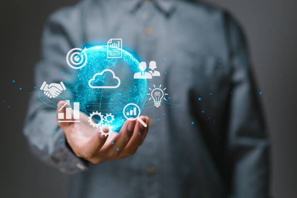 istock Man holding a virtual global internet connection metaverse Business global internet connection application technology and digital marketing, financial and banking, digital link technology, big data 1438792995
