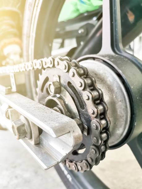 istock Selective focus close up image of motorcycle rear chain. 1438795063